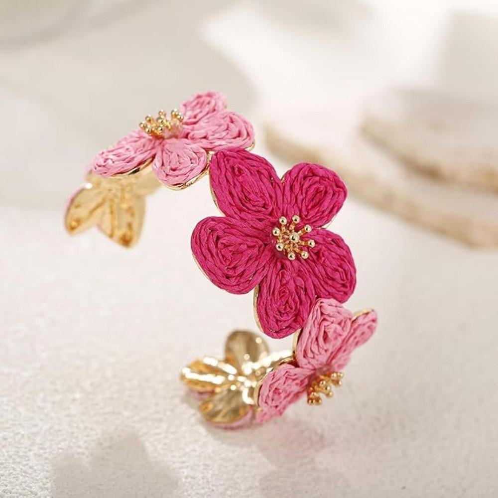 Colorful Woven Flower Bangle Vintage Hand Ring Retro Raffia Grass Bracelet  Gift