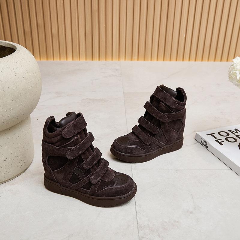 Genuine Leather 7CM Inner Height-increasing High-top White Shoes for Women Autumn New Velcro Casual Sports Short Boots