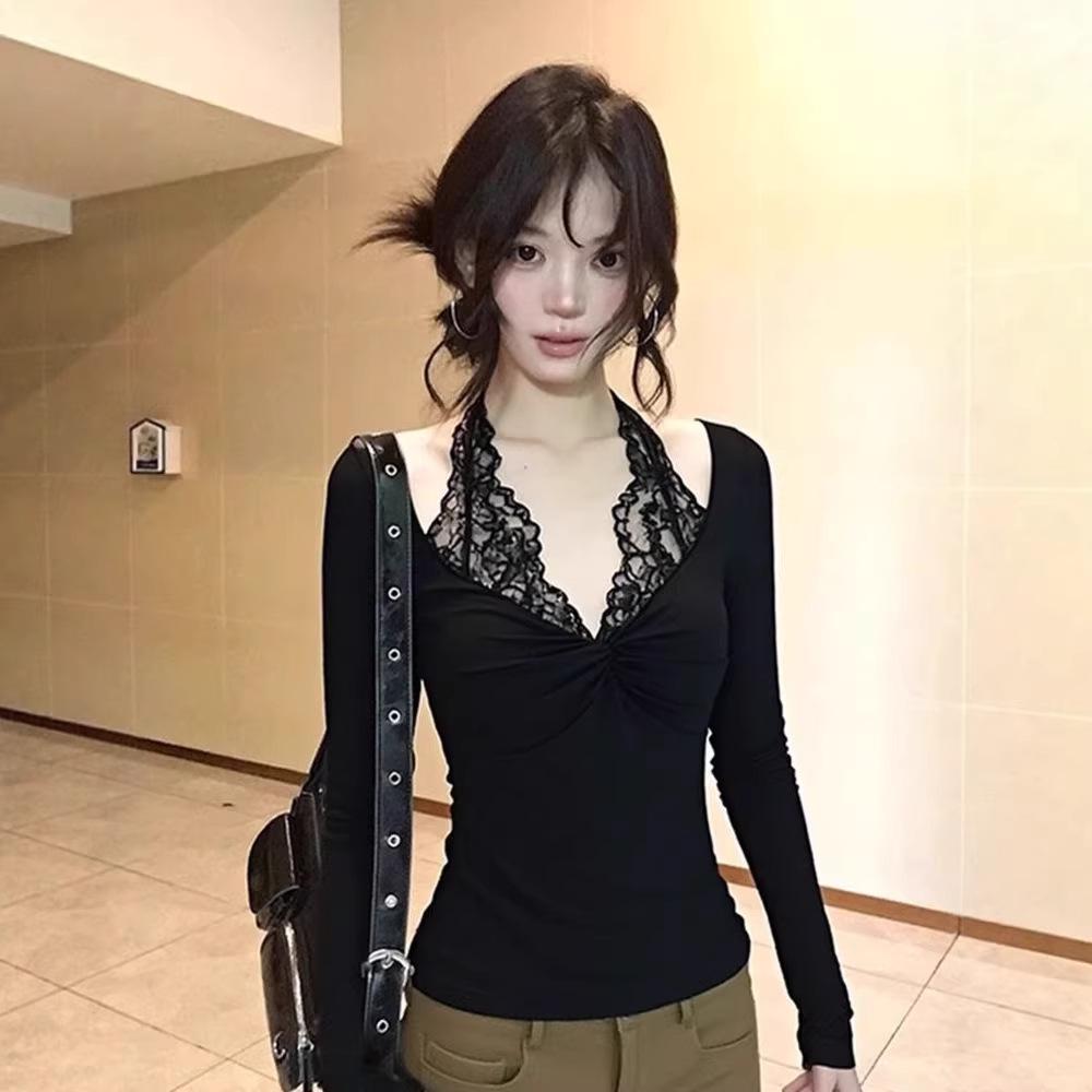 

Korean Lace Two-Piece Halter Long Sleeve T-shirt Women s Spring Autumn Slim Fit Base Layer Top L чёрный