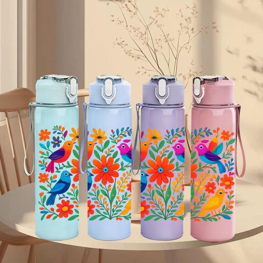 1PC Colorful Tropical Bird Group 750ml Color Plastic Sports Water Bottle Leakproof Flip Straw Lid For Sports Office Home Use