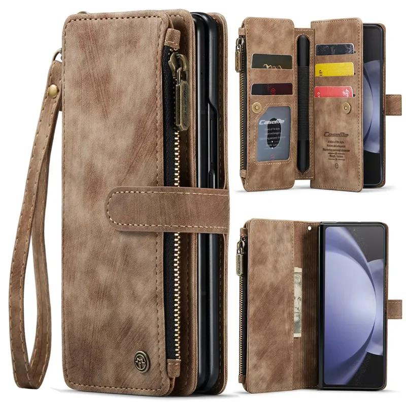 Lanyard Leather Zipper Wallet Card Phone Case For Samsung Galaxy Z Fold 7 6 5 4 Fold6 Fold5 Fold4 Purse Flip Stand Cover