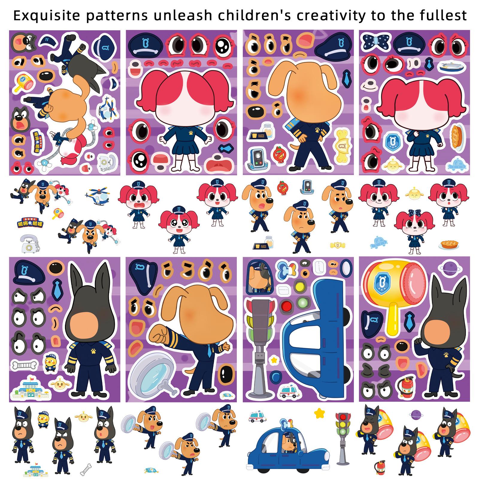 8Sheets Cartoon Dog Sheriff Make A Face Puzzle Stickers Kids Make Your Own DIY Game Children Jigsaw Education Toys