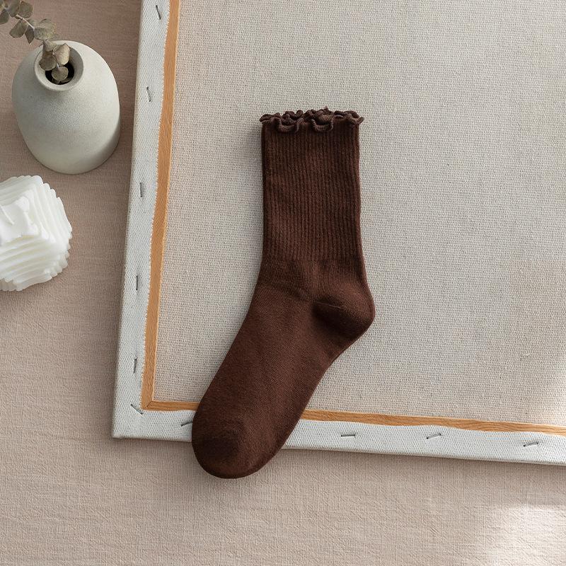 6 Pairs Ruffled Middle Tube Socks Women's Breathable Solid Color Set Black White Coffee Beige Loose Pile Socks Sweat-Absorbing