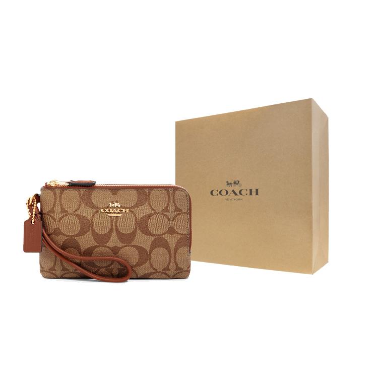 COACH Corner Zip Coated Canvas Leather Coin Purse Pochette Clutch Regular Women's Brown (Unisex) Clutches 87591 IMS5U