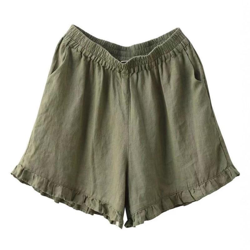 Johnature Women Vintage Shorts Solid Color Summer Cloths Elastic Waist Loose Pockets Casual Shorts