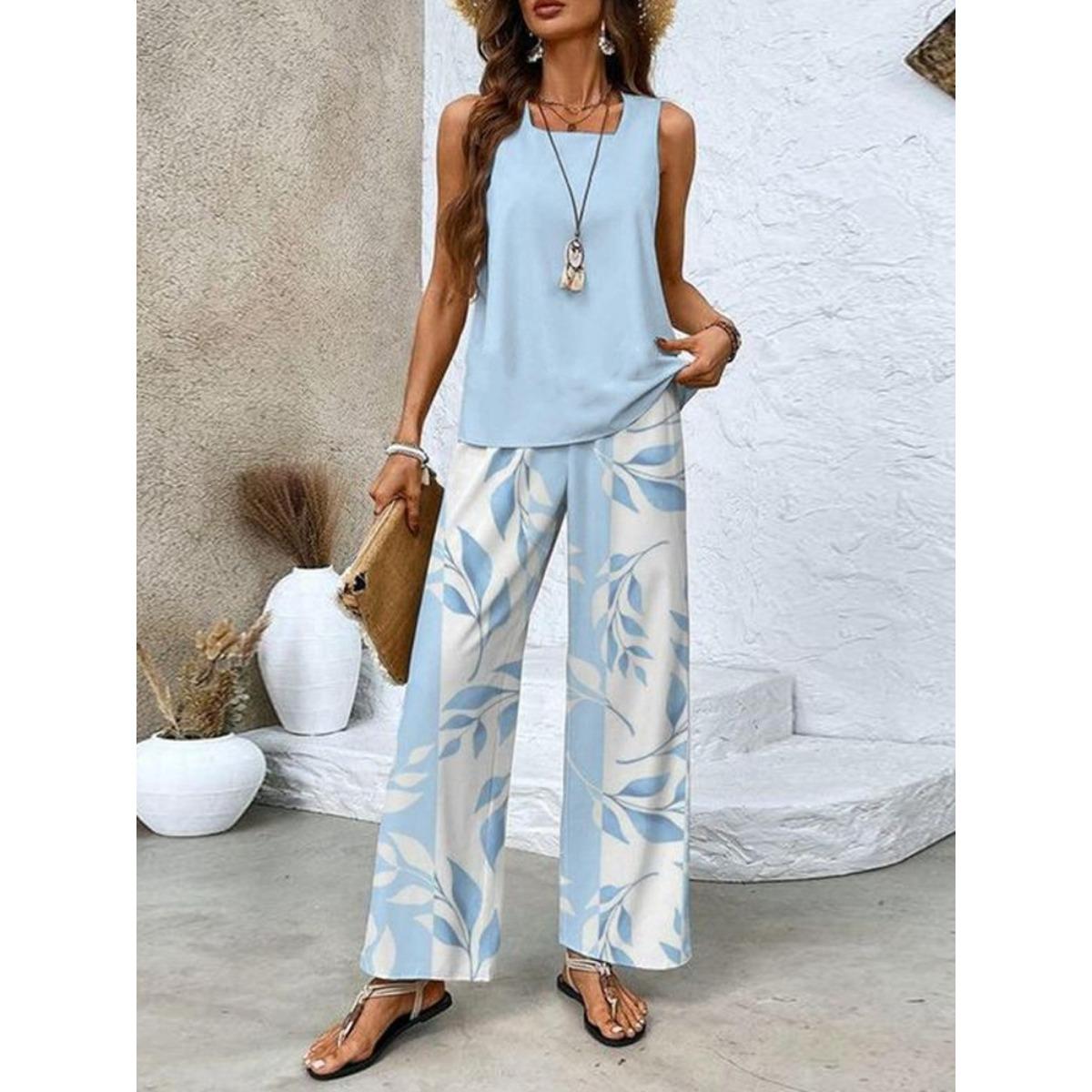 

Женский повседневный пуловер-жилет с квадратным вырезом и длинными брюками, женский комплект-двойка с цифровым принтом XL светло-синий