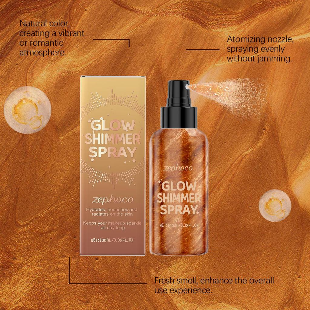 Zephoco Body Glitter Spray Glow Skin Illuminator High Gloss Quick-Drying Highlighter Makeup Cosmetics Bronze Body Shimmer Spray