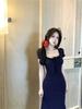 navy blue square neck dress female summer spice girl slim waist pure desire little mother wind hip fish tail dress