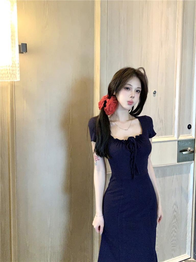 navy blue square neck dress female summer spice girl slim waist pure desire little mother wind hip fish tail dress