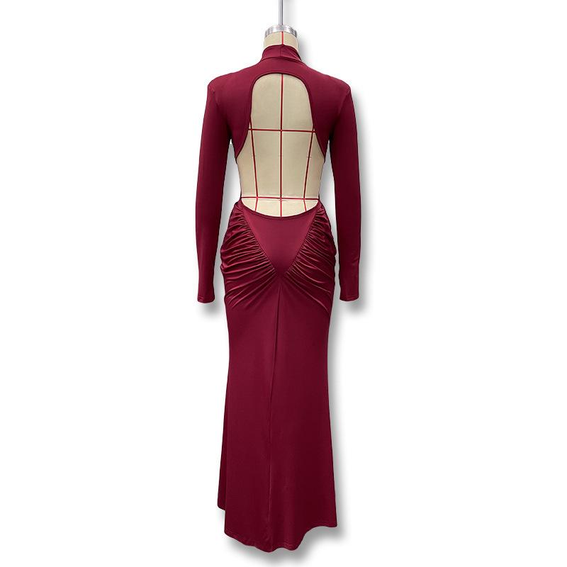 2025 Europäisch-Amerikanisches Herbstkleid für Damen mit hohem Kragen, Raffung am Rücken, rückenfrei, figurbetont