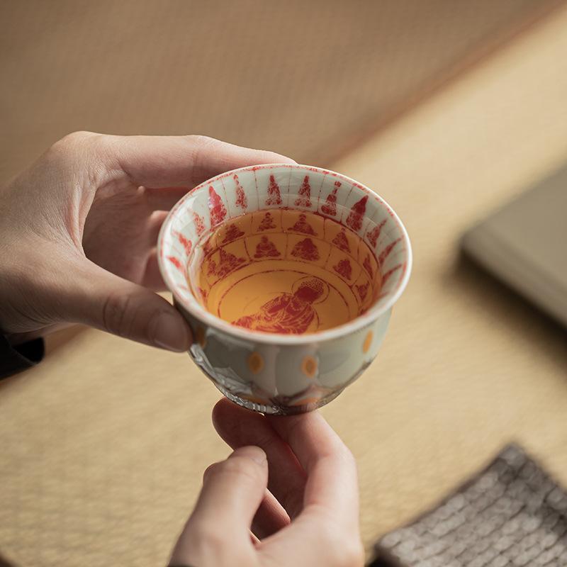 Plant Ash Glaze Dunhuang Thousand Buddha Ceramic Tea Cup Personal Master Cup Gongfu Tea Set Handmade Chinese Tea Ceremony Gift