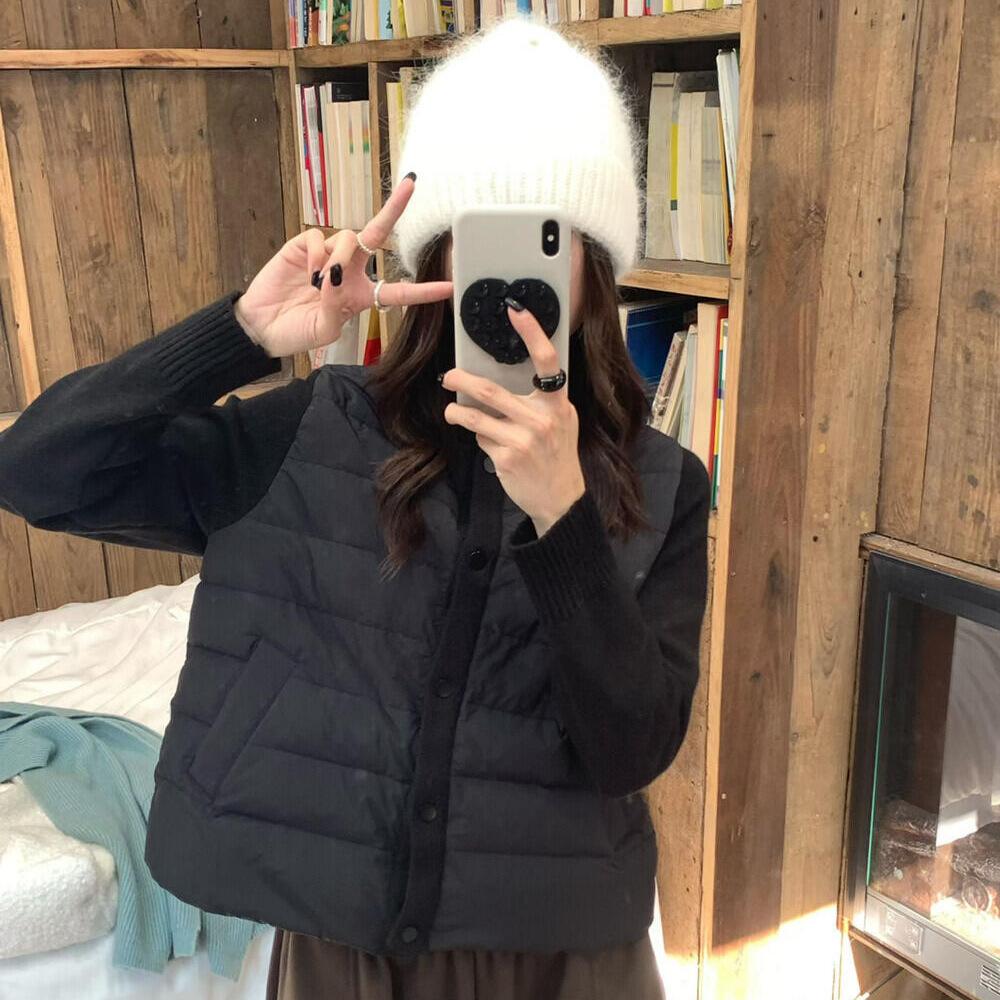 New white duck down jacket for women, short knit sleeve patchwork, high-end lightweight petite jacket