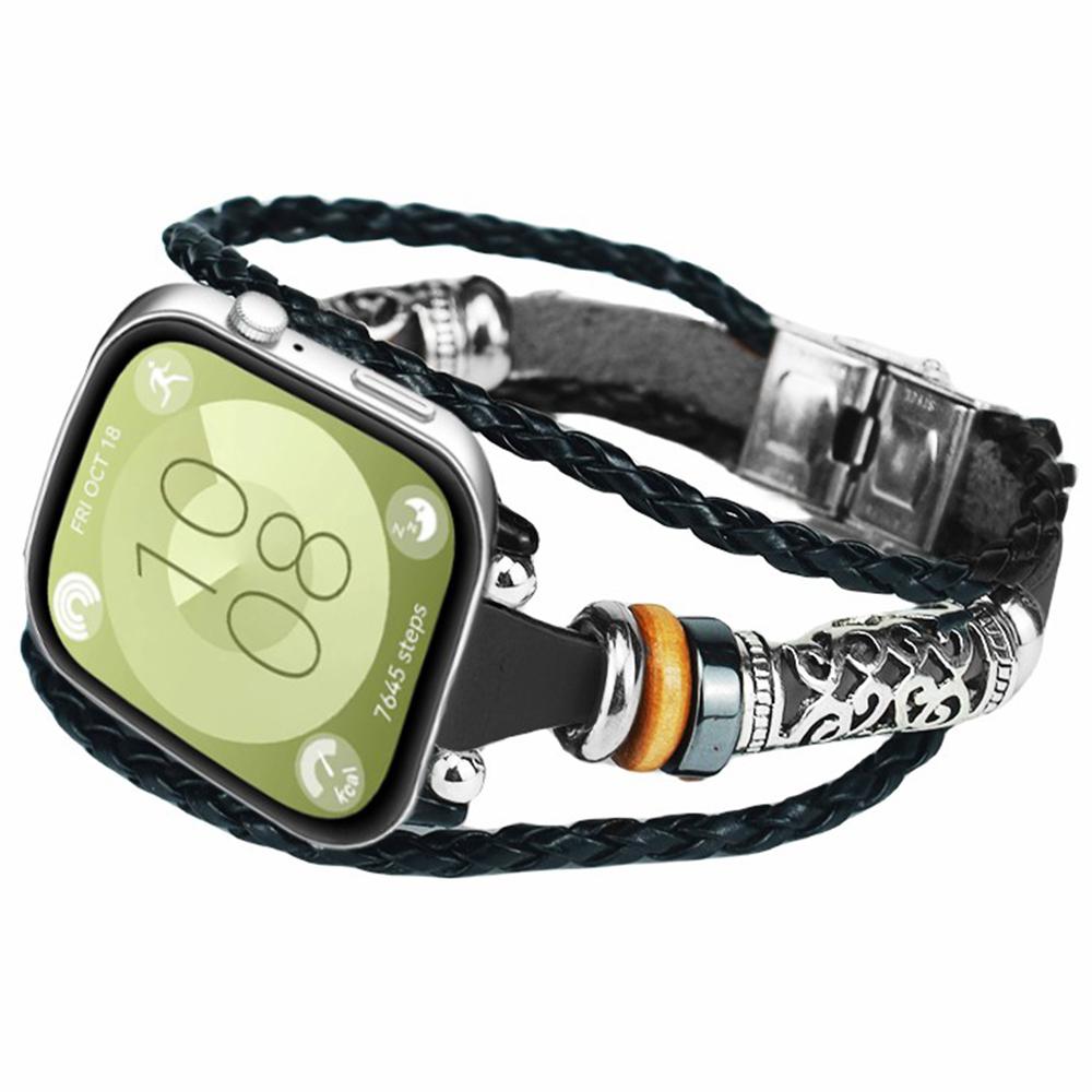 

For Huawei Watch Fit 3 Wrist Band Vintage Ethnic Leather Watch Bracelet Black