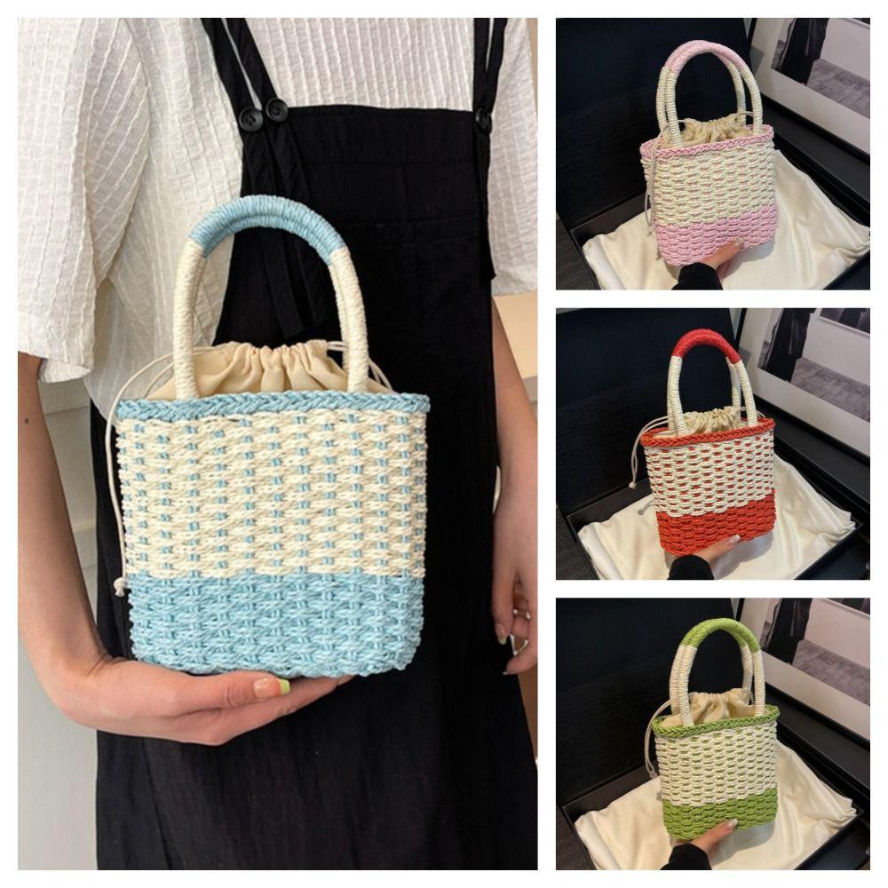 Casual Weave Straw Bag Colorful Patchwork Striped Handbag Fashion Beach Bag  Travel