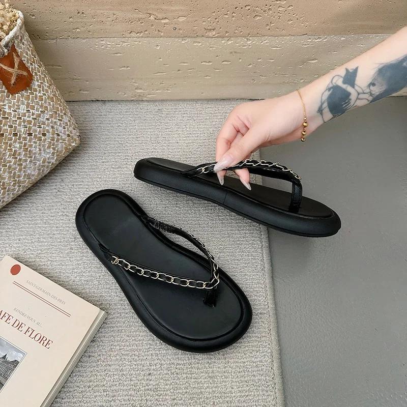 fashion Summer New Women's Flip-flops Outdoor Flat Beach Slippers Women Shoes Chain Non-Slip Women Soft Bottom Slippers Zapatos De Mujer