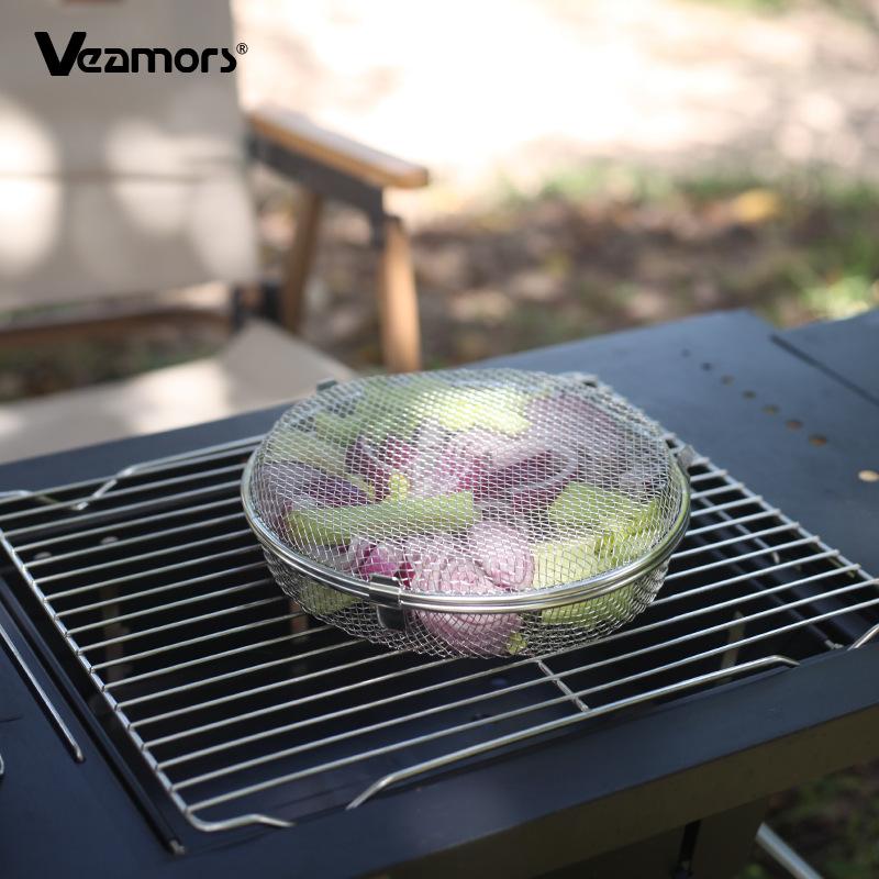 Stainless Steel Round BBQ Grill Basket Portable Lockable Barbecue Mesh Cage Outdoor Camping Picnic Meat Vegetable Seafood Grilling Tool