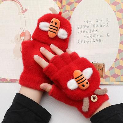 Imitation Mink Velvet Plus Velvet Thickened Half-finger Flip-up Cute and Fashionable New Knitted Warm Winter Warm Bee Gloves