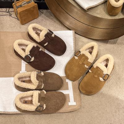 Chaussures paresseuses avec tête de sac en polaire et demi-claquettes pour femmes à porter en automne et hiver 2024 chaussures moelleuses pour garder au chaud et à enfiler chaussures en coton neige