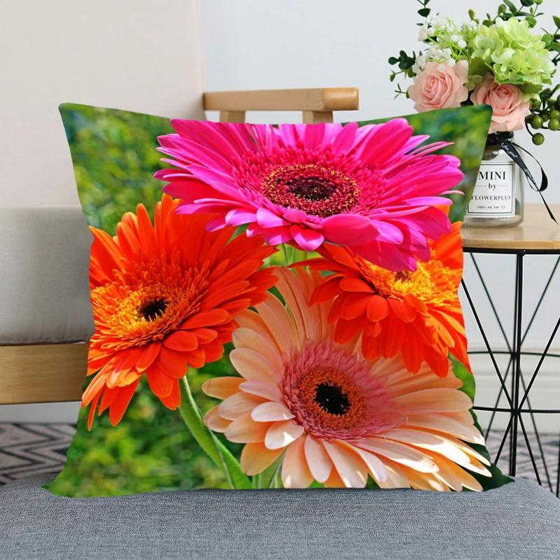 Neuankunft Gerbera Blumenkissenbezug Schlafzimmer Home Office Dekorative Kissenhülle Quadratisch Reißverschluss Kissenbezüge Satin Weich Kein Ausbleichen