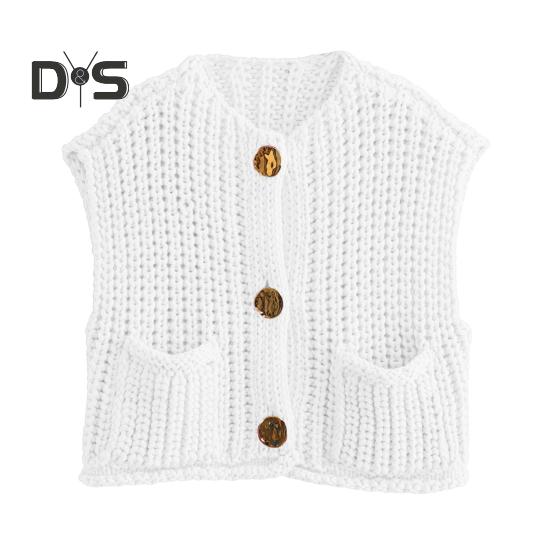 Women Sweater Vest V-neck Sleeveless Button Down Cardigan with Pockets Solid Color Loose Fit Crochet Knit Tops