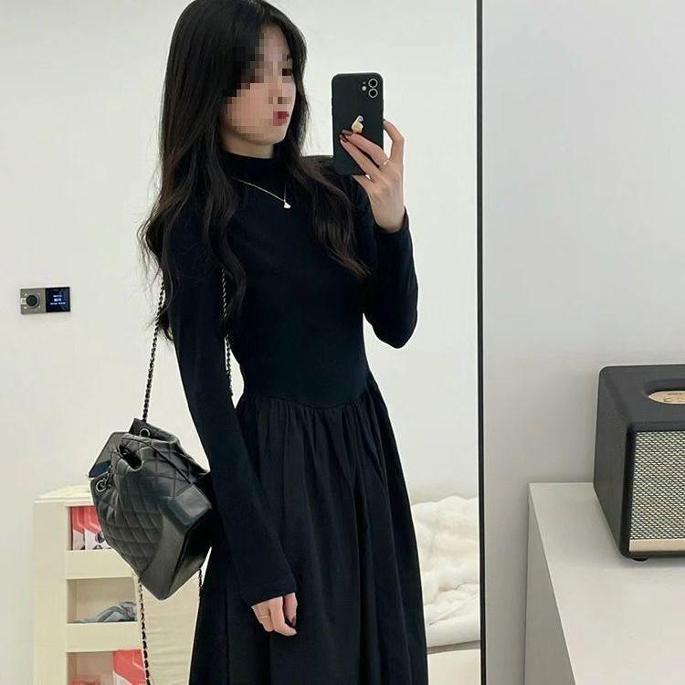 

Платье черное приталенное с высоким воротником в стиле Хепберн для осени 3XL 145-160 lbs