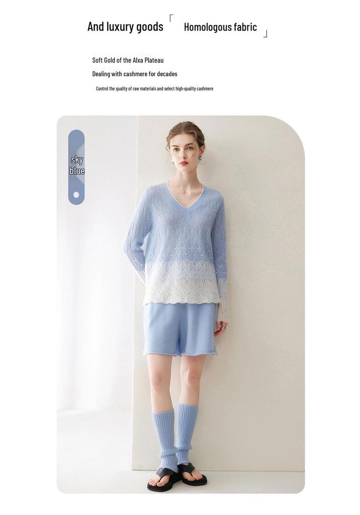 Kang Sai Ni 2026 Lurex Sequin Cashmere Lace Sweater - Autumn/Winter 7-Gauge Hollow Out Color Block Knitwear