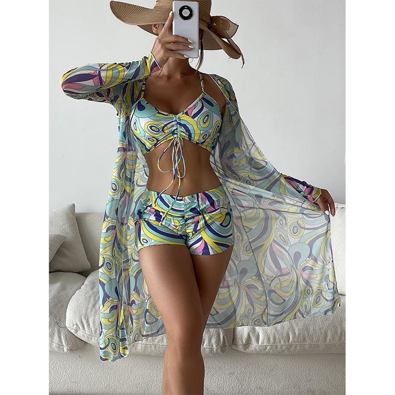 Women Swimsuit High Waist Bikini Set Three Pieces Women Sexy Long Sleeve Cover Up Swimsuit 2026 Beach Bathing Suits Swimwear