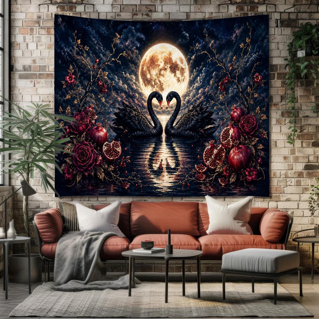 Black Swan Tapestry Full Moon Pomegranate Wall Hanging Gothic Floral Art Dark Romantic Celestial Bedroom Decor