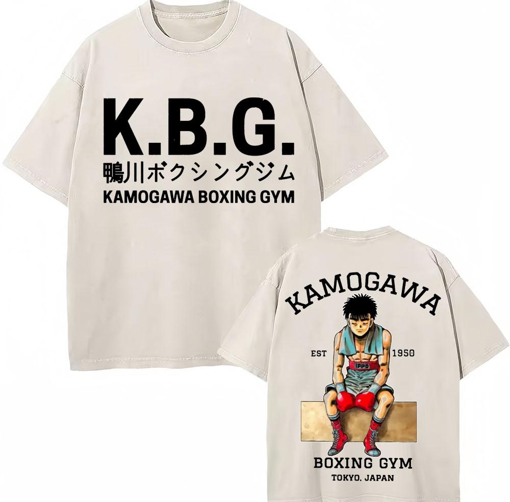 Vintage Gewaschene T-Shirts Anime Hajime No Ippo Kamogawa Boxen Gym Makunouchi KGB T-Shirts Unisex Damen Locker Baumwolle Sommer T-Shirt