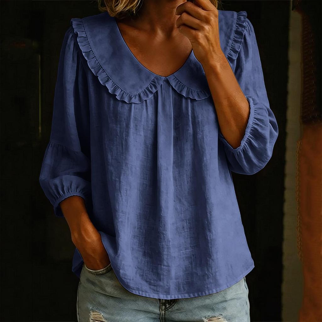 Women's Casual Solid Color Blouse Ruffle Trim Top Long Sleeve Loose Fit Shirt Lightweight Comfortable Fabric