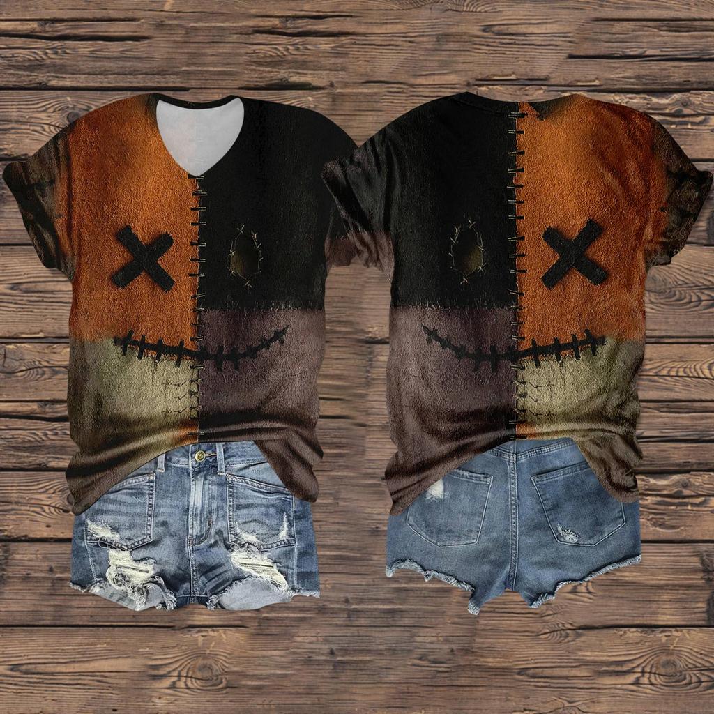 Women's Fashion Casual Three-quarter Sleeve Halloween Letters,  Face Print Top