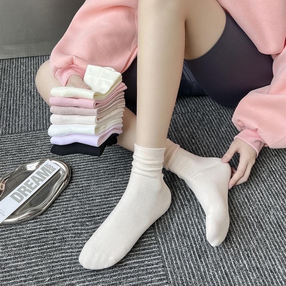 Women's Long Tube Socks Autumn and Winter Simple Solid Colors Pile Socks Ins Trendy Cotton Flat Mouth Middle Tube Socks