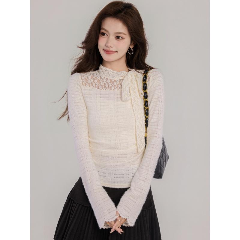 

Women s Spring High Neck Lace Base Layer Tee, Slim Fit Long Sleeve Top, Unique and Stunning XL абрикосовый