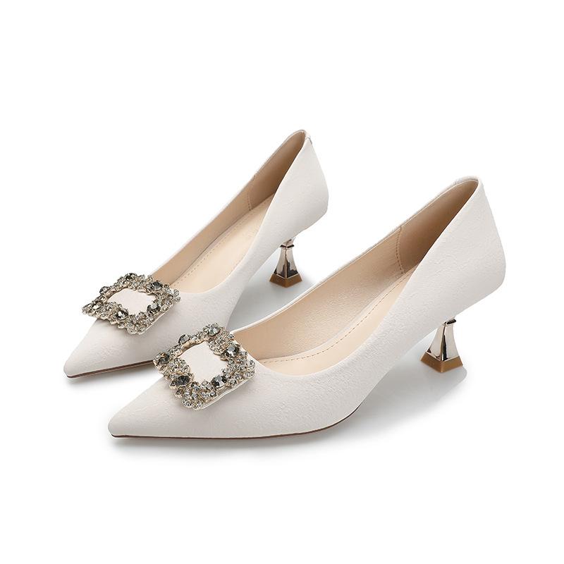 New High Heels Women's Thin Heels Fashion Rhinestone Square Buckle Pointed Single Shoes Black Temperament Small Heels
