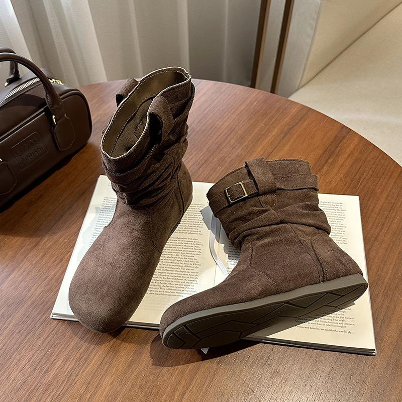 Retro Small Inner Heightening Short Boots Women's Spring and Autumn Sleeves Western Stacking Boots Slim Short Boots