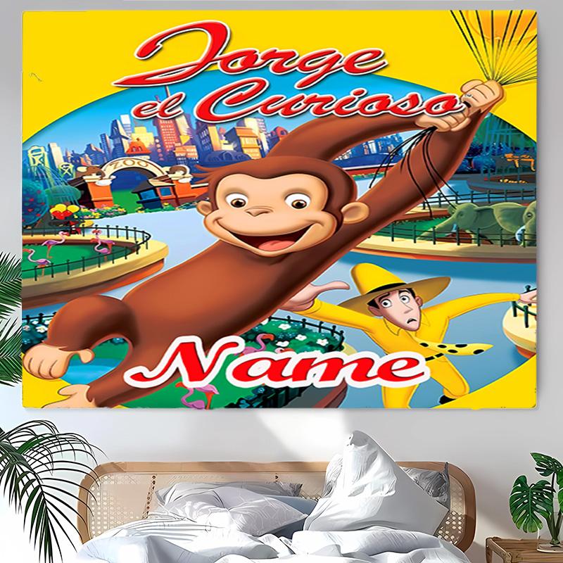 Personalized Curious George Background Tapestry,Custom Name Birthday Party,Multifunctional Wall Decoration for Home Decor,Various Occasions