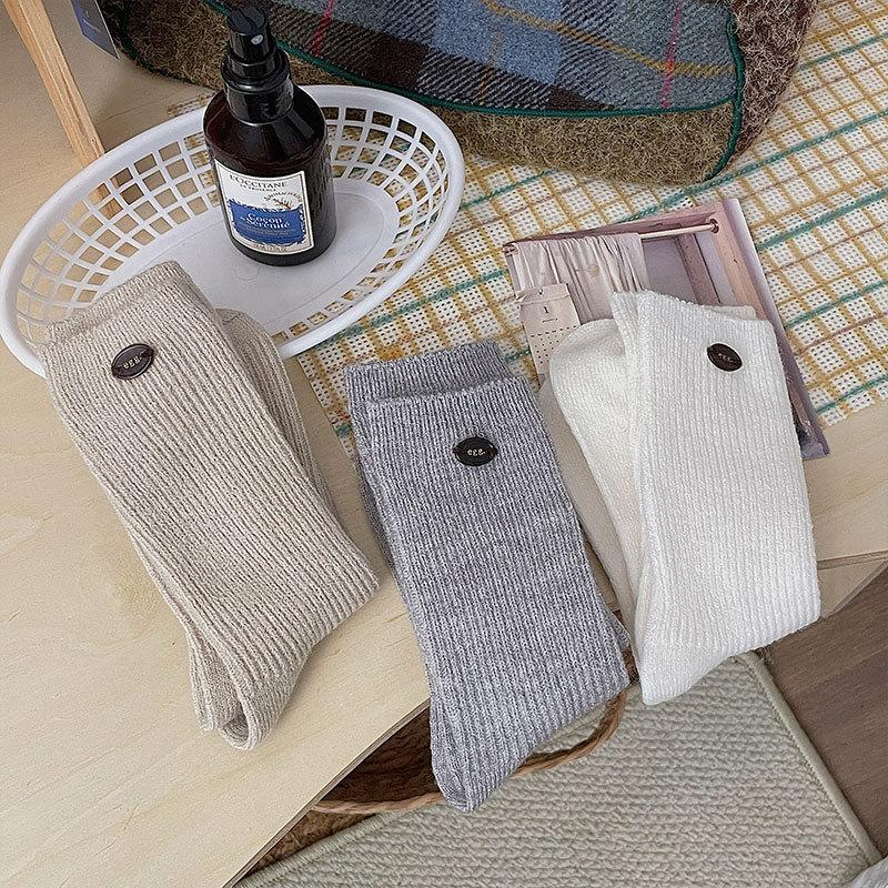 Egg Socks Wool Warm Solid Color Striped Mid-Leg Socks Korean Button Retro Versatile Cashmere Socks