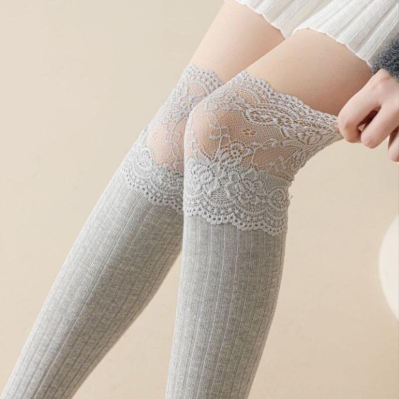 Long Thigh-high Socks for Spring and Autumn, Women's Lolita Black and White Lace Calf Socks, Lace Long Socks