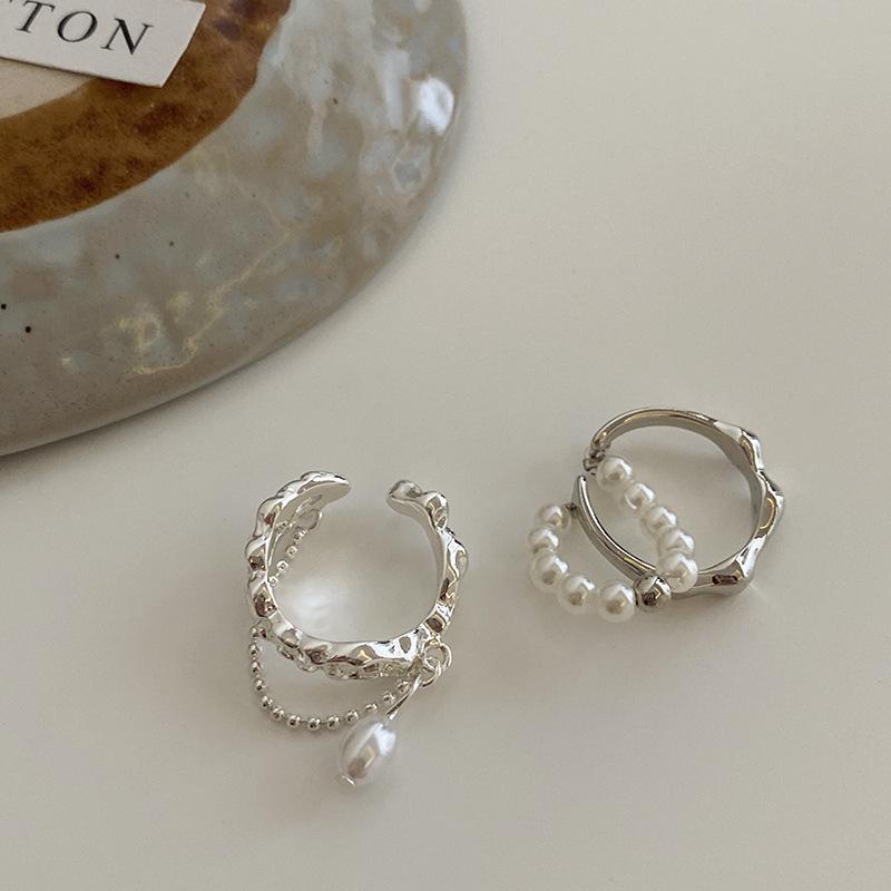 Elegant Double Layer Pearl Tassel Ring - Adjustable Geometric Design for Women