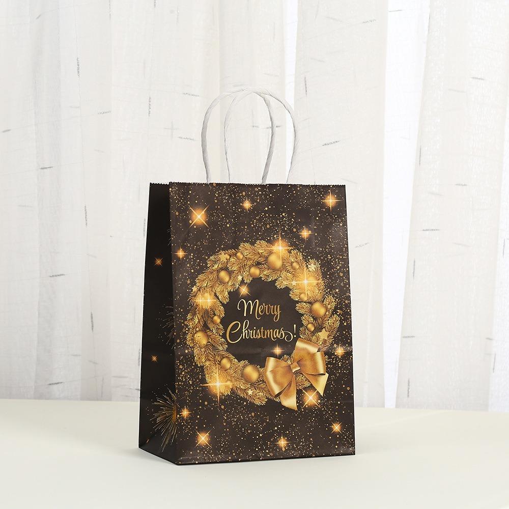6pcs Bronzing Christmas Kraft Paper Bags Elk Snowflake Gold Black Paper Gift Bags Party Decor Christmas Tree Gift Packaging Bags