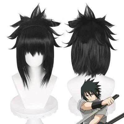 Peluca Cosplay de Anime, Pelo Corto Negro Puntiagudo de Uchiha Sasuke Pieza de Cabello Sintético de Fibra de Alta Temperatura