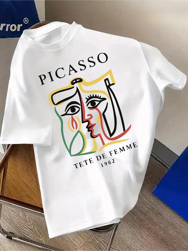 Picasso Tete De Femme 1962 Art Print Tshirt Unisex Retro Graphic Print Casual Short Sleeve Cotton Streetwear Tee Tops