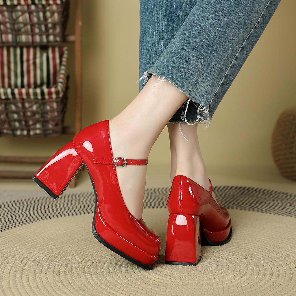 High heels women's 2025 new temperament celebrity waterproof table French thick heel square head Mary Jane shoes one-word buckle belt