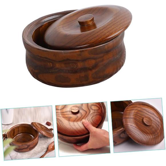 Decorative Wooden Bowl with Lid Premium Solid Wood Serving Bowl for Salad Rice Noodles and Soup and Easy To Clean Home and Restaurant Use