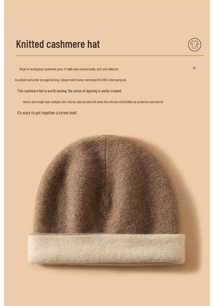 Women's Double-Sided 100% Pure Cashmere Beanie - Versatile Warm Knit Hat for Autumn/Winter