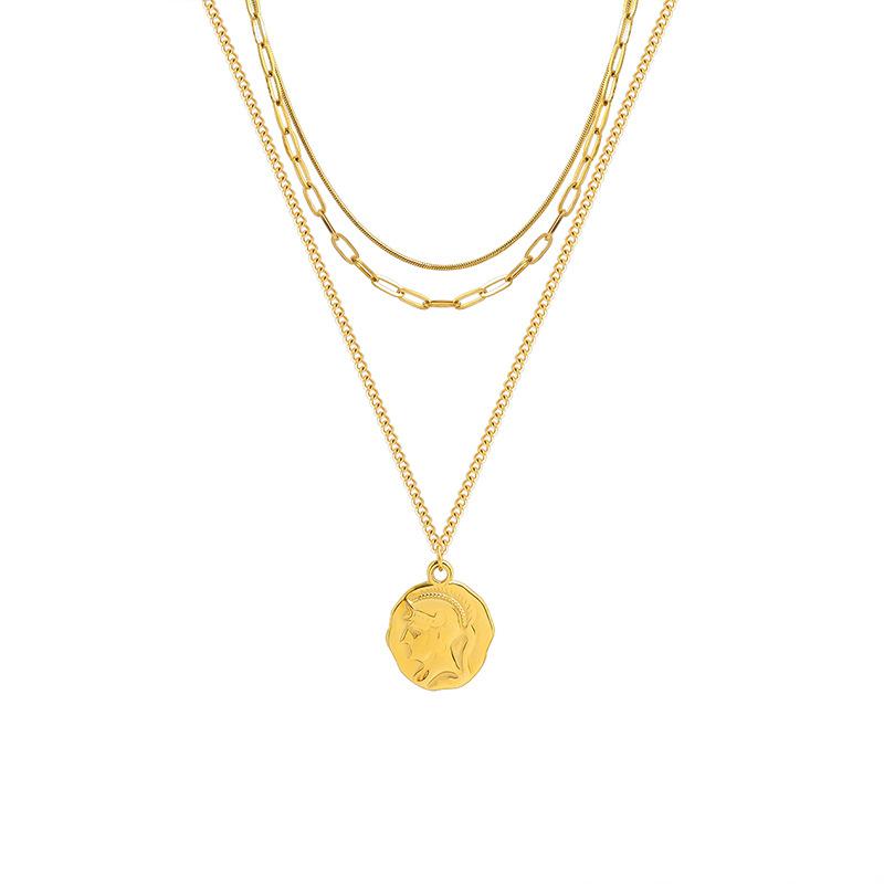 Style Personalized Portrait Round Brand Pendant Three Layers Stacked Necklace Female, Titanium Steel Plated 18K Real Gold Sweater Chain