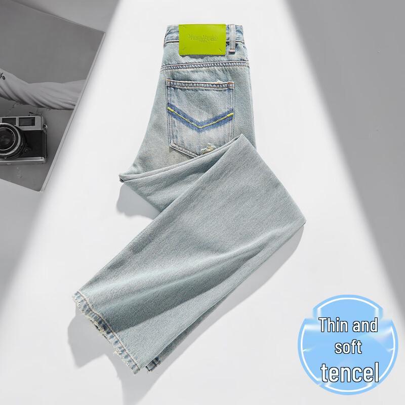 

RAIN.CUN Women s Light Blue Thin Tencel Wide-Leg Jeans 30