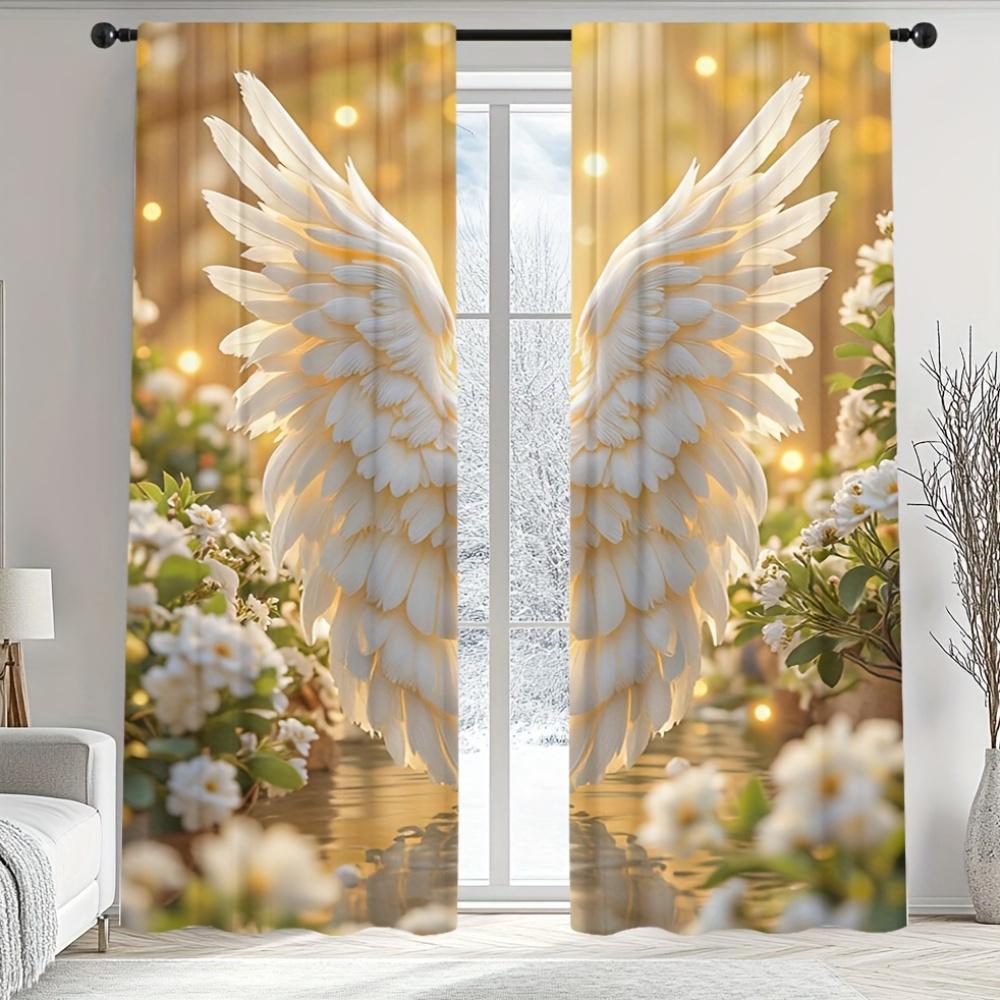 2pcs Gold Angel Wings Print Sheer Polyester Curtains with Rod Pocket – for Living Room   Bedroom   Office & Kitchen Decor