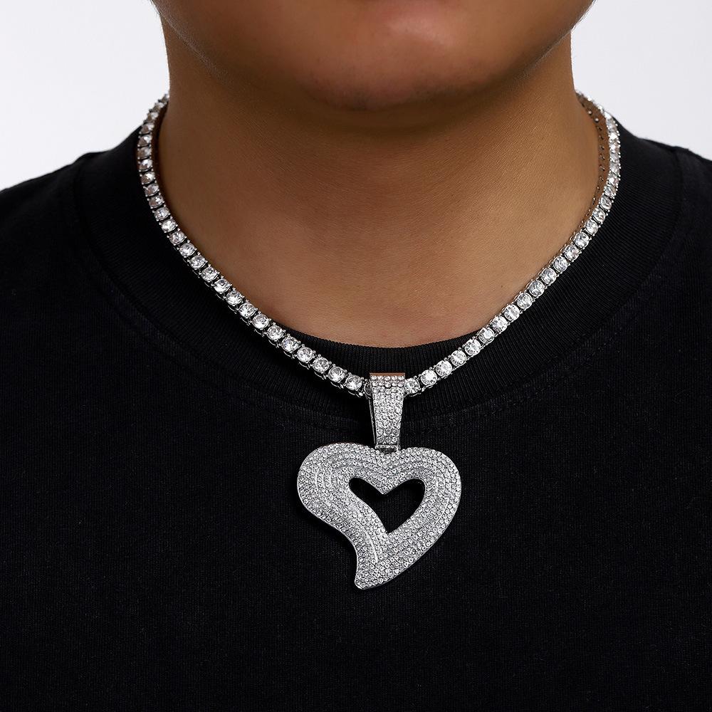 Hip Hop Alloy Full Diamond Fashion Heart Pendant Cuban Necklace Jewelry Temu Jewelry