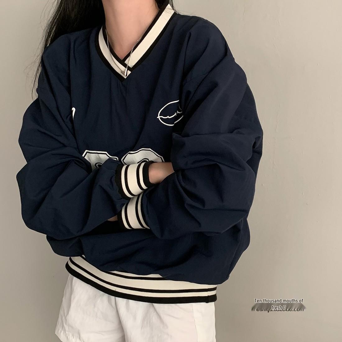 

Темно-синий свитшот с V-образным вырезом в бейсбольном стиле, с цветными блоками - Повседневный свободный крой, Легкий, Длинный рукав M (recommended under 100 jin) темно-синий